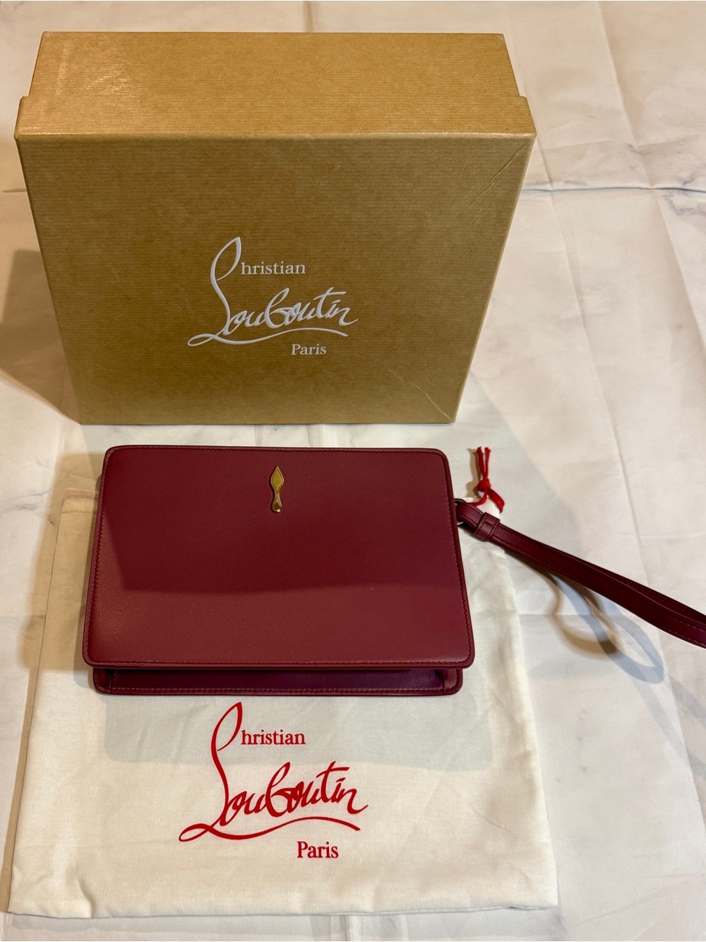 Christian Louboutin Dark Pink Leather Wristlet Clutch with Signature Shoe, NWT